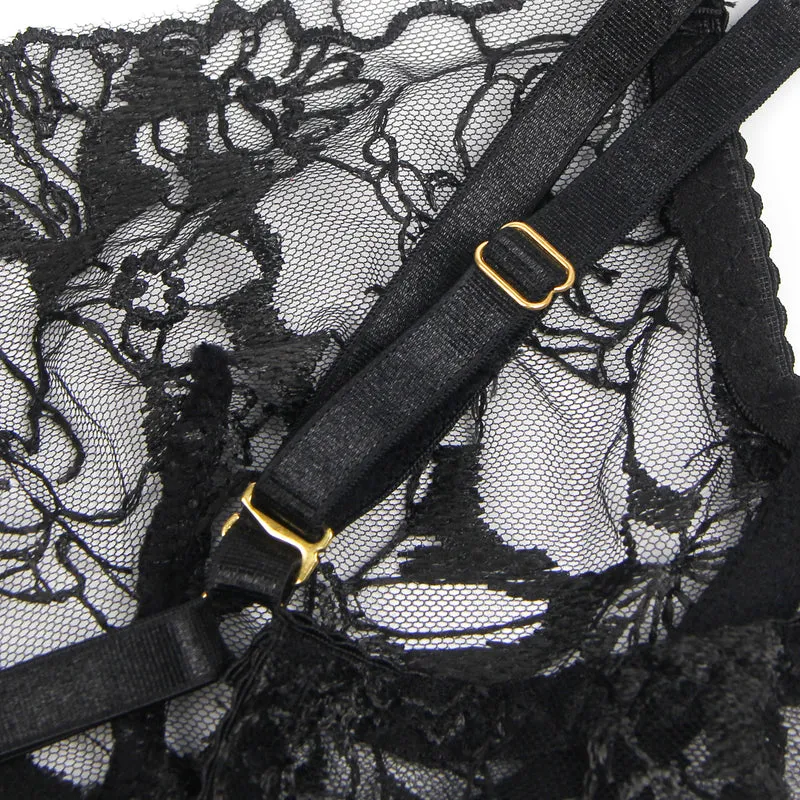 Sexy Schwarzes Spitzen-Lingerie Set – BH, Slip & Strapse, verführerische Dessous