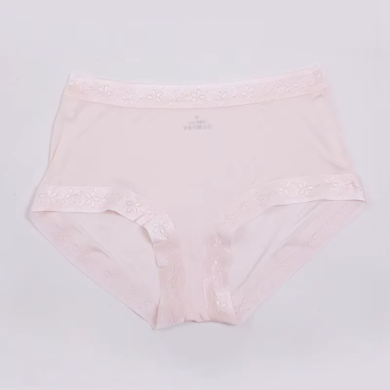 Nahtloser, rosafarbener Seiden-Slip mit Spitze, mittelhoher Bund, atmungsaktiv, sexy und bequem – Damenunterwäsche