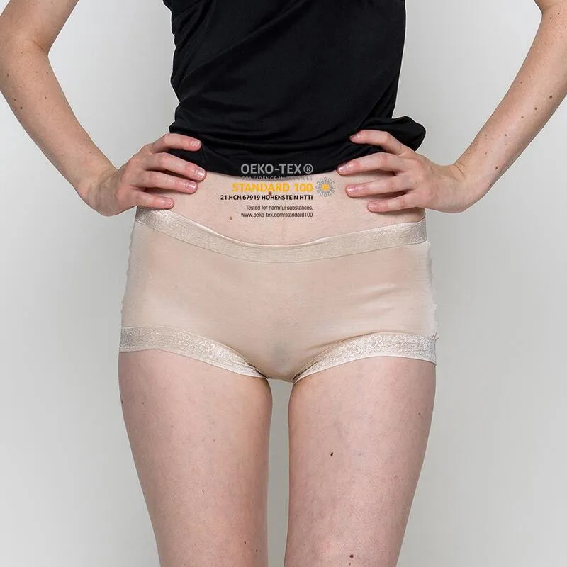 Sexy, atmungsaktive Seidenunterwäsche aus Kamelhaarspitze mit mittelhohem Bund