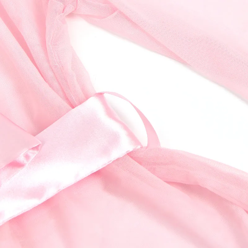 Sexy Kurze Morgenrobe – Pinkes Mesh & Nerz-Fell, Gürtel, verführerische Lingerie