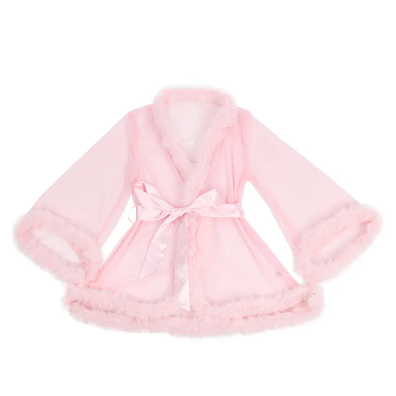 Sexy Kurze Morgenrobe – Pinkes Mesh & Nerz-Fell, Gürtel, verführerische Lingerie