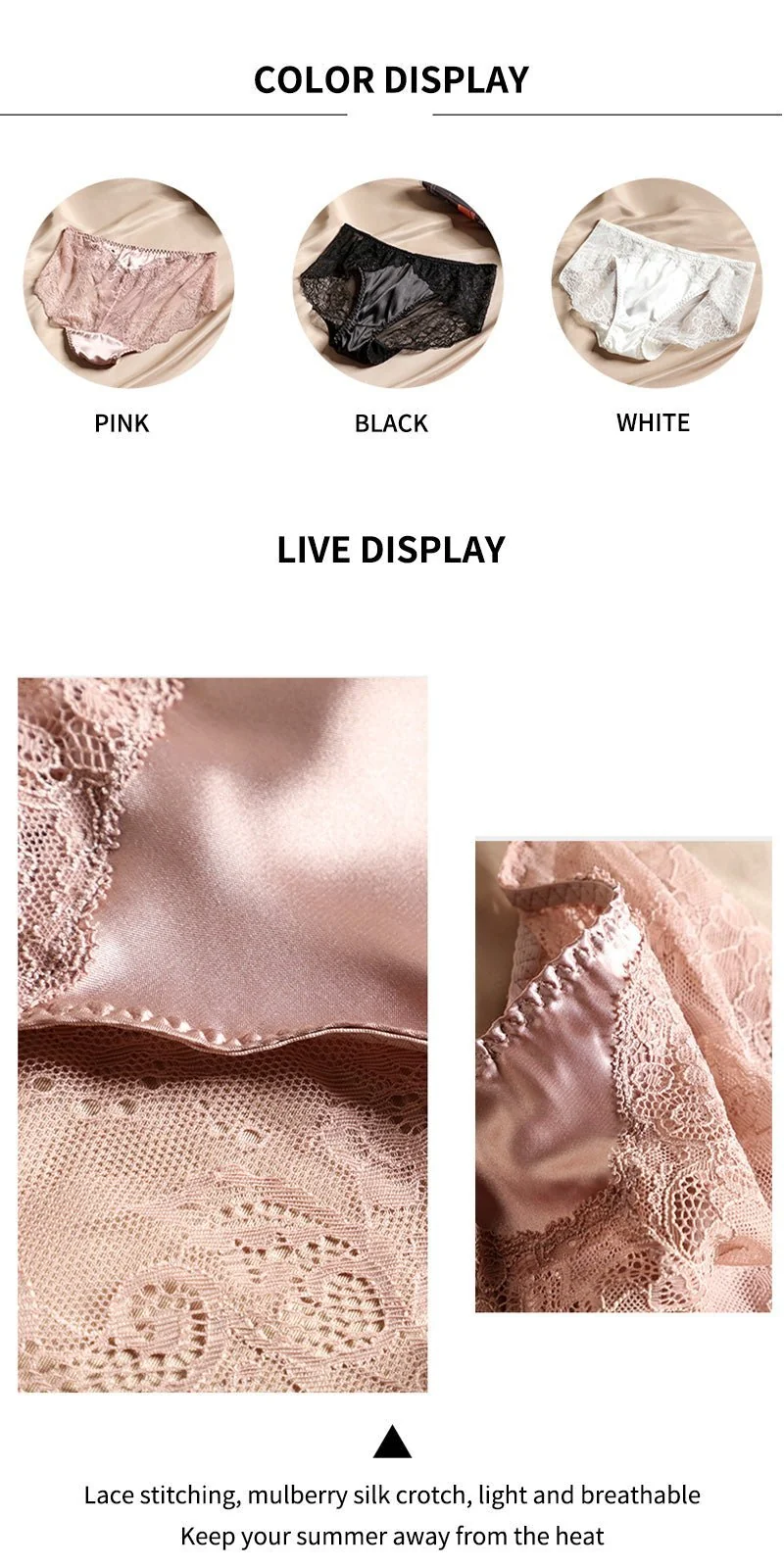 Eleganter, weißer Seidenslip mit französischem Spitzenrand und floralem Muster für weichen Tragekomfort und femininen Luxus im Alltag.