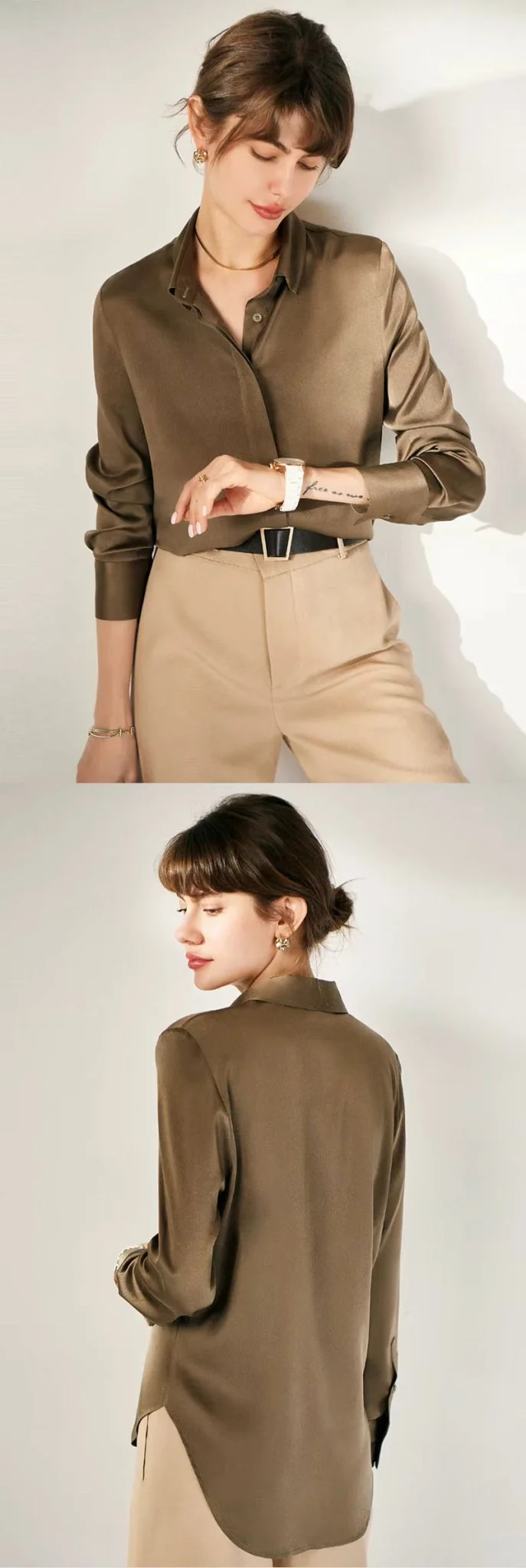 Cognacbraunes Seiden-Freizeithemd für Damen