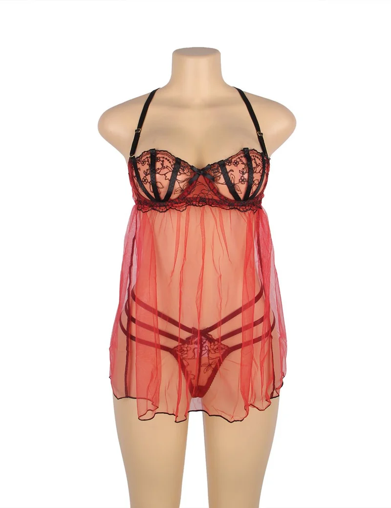 Hellrotes Babydoll aus Netzstoff mit verstellbaren Schulterträgern