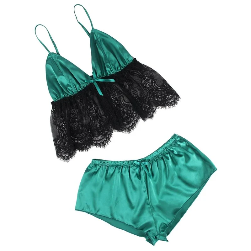 Zweiteiliger Pyjama-Set aus grünem und schwarzem Satin und Spitze mit Lochmuster