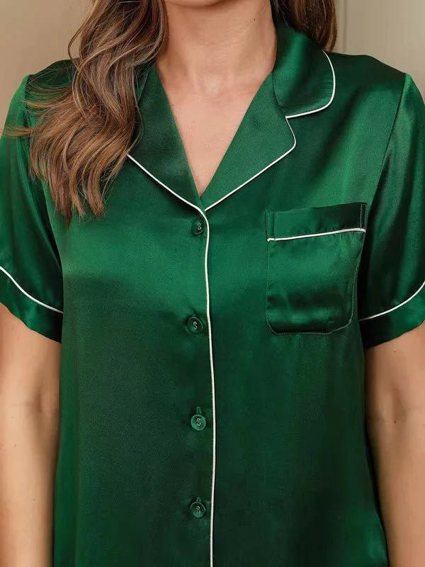 Rotes, kurzärmeliges, einfarbiges Freizeit-Pyjama-Set aus echter Seide