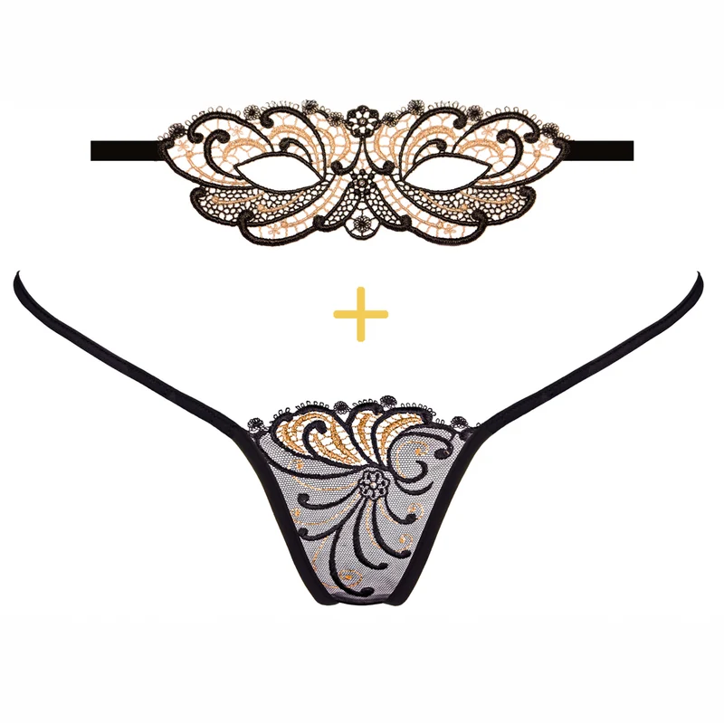 Dessous Set Golden Diamond - Mini G-String & Maske - Schwarz/Gold