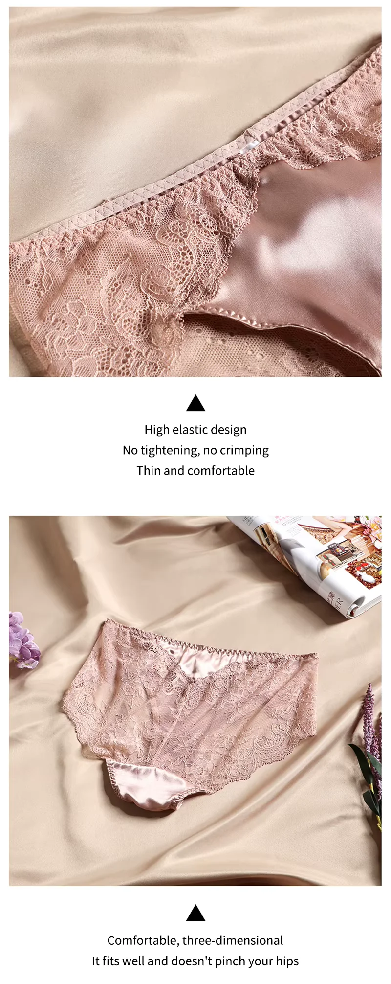 Schwarzer, eleganter Seidenslip mit französischer französischer Spitze und floralem Muster
