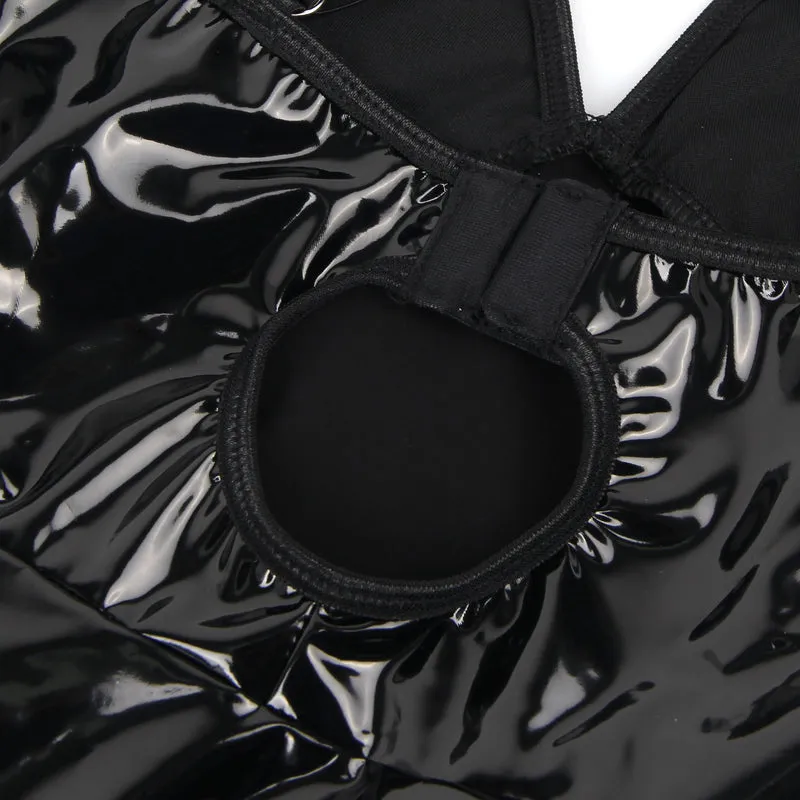Sexy Schwarzes Wet-Look Nachtkleid – Faux-Leder, Deep V-Neck & Strapse, Lingerie