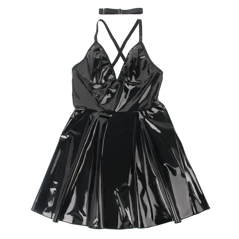 Sexy Schwarzes Wet-Look Nachtkleid – Faux-Leder, Deep V-Neck & Strapse, Lingerie