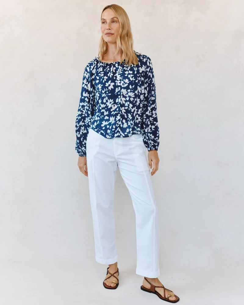 Ruffle Neck Raglan Top Indigo Bloom