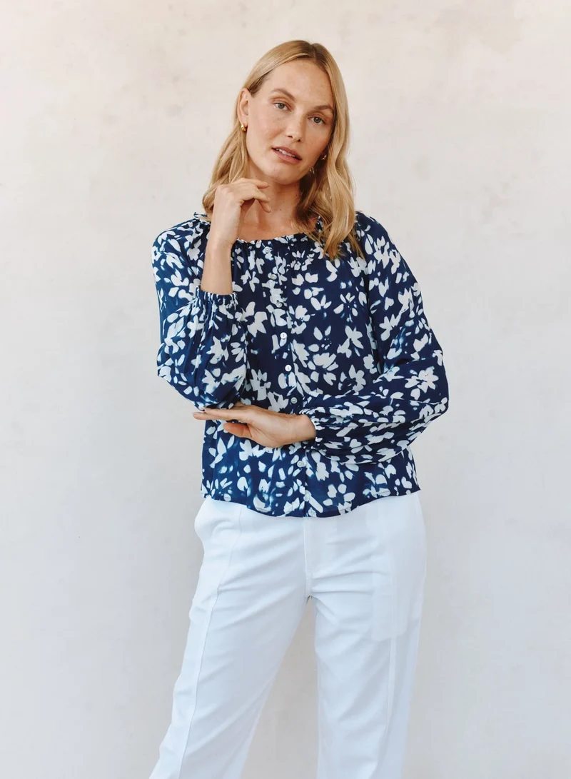 Ruffle Neck Raglan Top Indigo Bloom