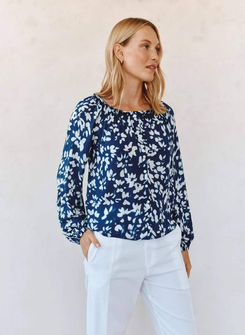Ruffle Neck Raglan Top Indigo Bloom