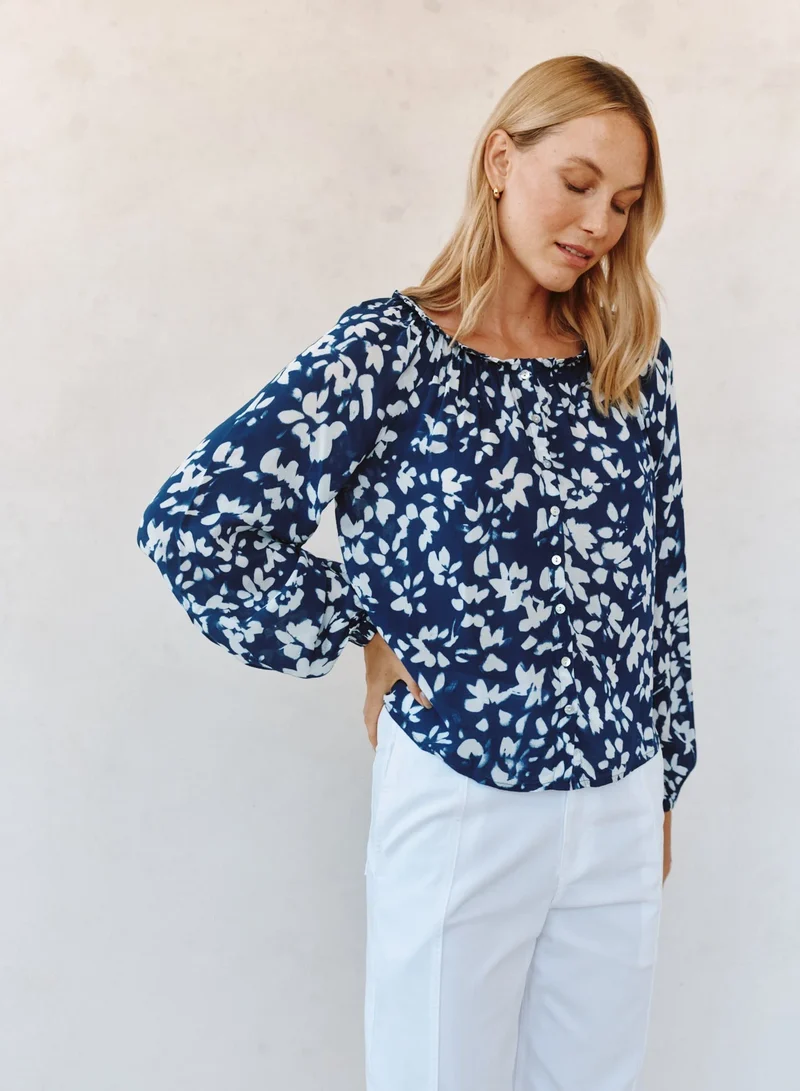 Ruffle Neck Raglan Top Indigo Bloom
