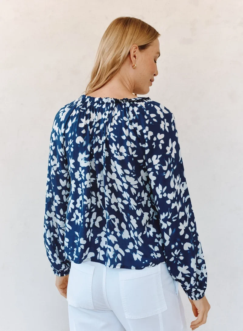 Ruffle Neck Raglan Top Indigo Bloom