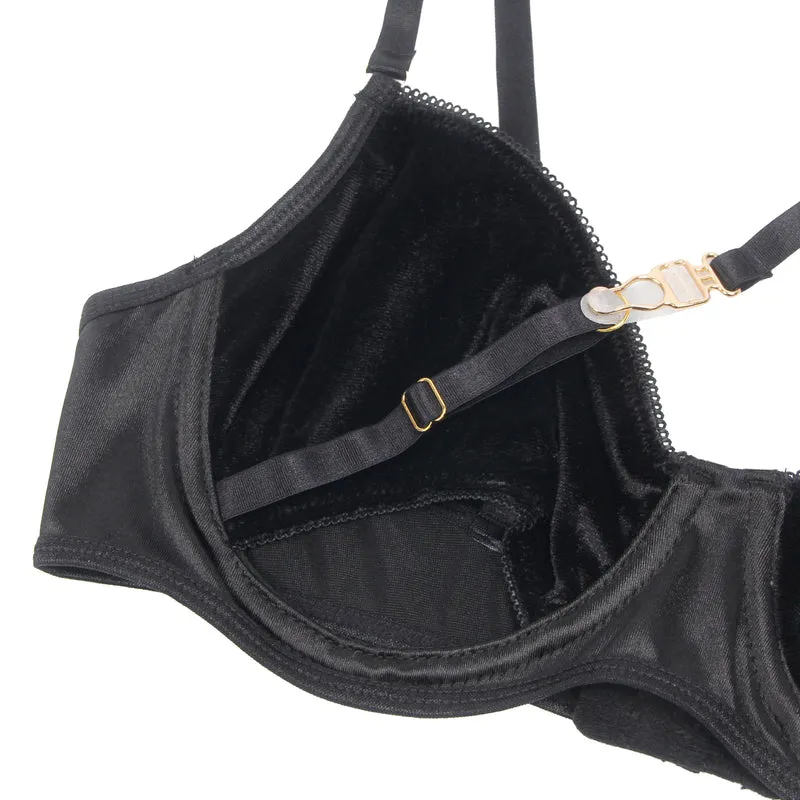 Sexy Schwarzes Samt-BH-Set – Hollow Cut & Halter, verführerische Lingerie