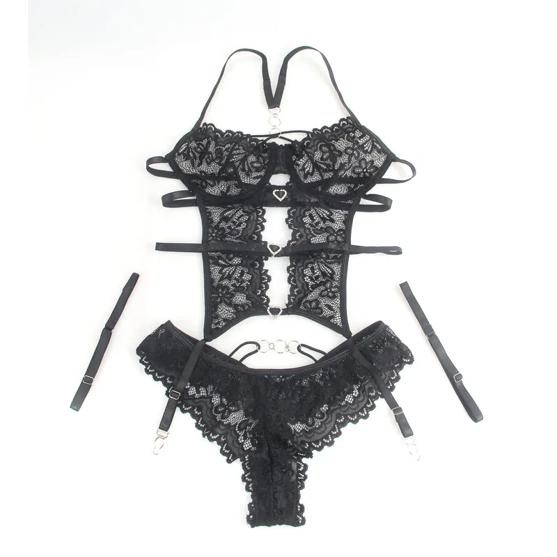 Sexy Schwarzes Spitzen-Lingerie Set – BH, Slip & Strapse, verführerische Dessous