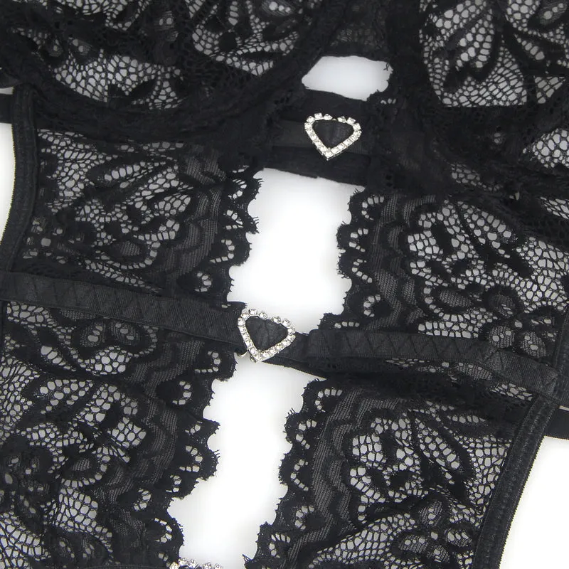 Sexy Schwarzes Spitzen-Lingerie Set – BH, Slip & Strapse, verführerische Dessous