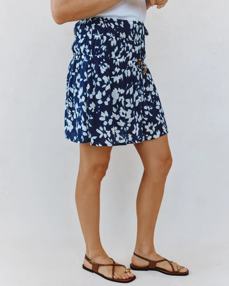 Elastic Gathered Mini Skirt Indigo Bloom