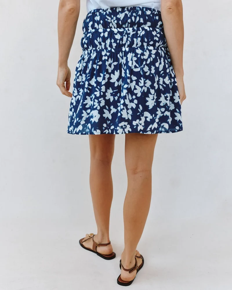Elastic Gathered Mini Skirt Indigo Bloom