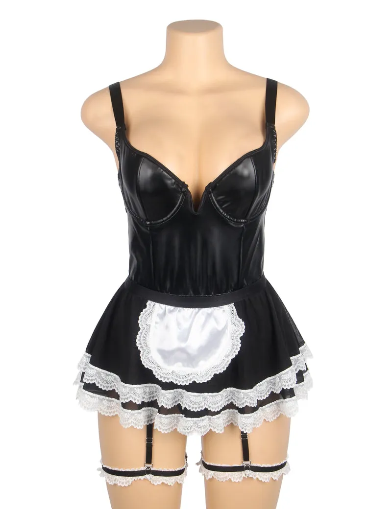 Sexy Maid Kostüm – Schwarzes PU-Leder & Mesh, Cosplay Outfit, Dessous