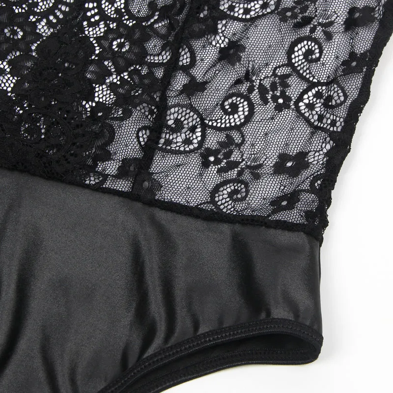 Black Sleeveless Lace Bodysuit – Deep V-Neck Faux Leather, Sexy High-Quality Lingerie