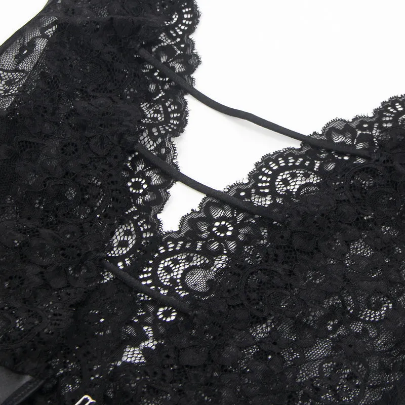 Black Sleeveless Lace Bodysuit – Deep V-Neck Faux Leather, Sexy High-Quality Lingerie