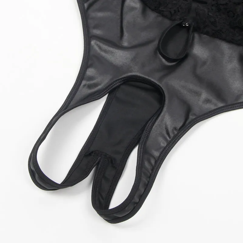 Black Sleeveless Lace Bodysuit – Deep V-Neck Faux Leather, Sexy High-Quality Lingerie