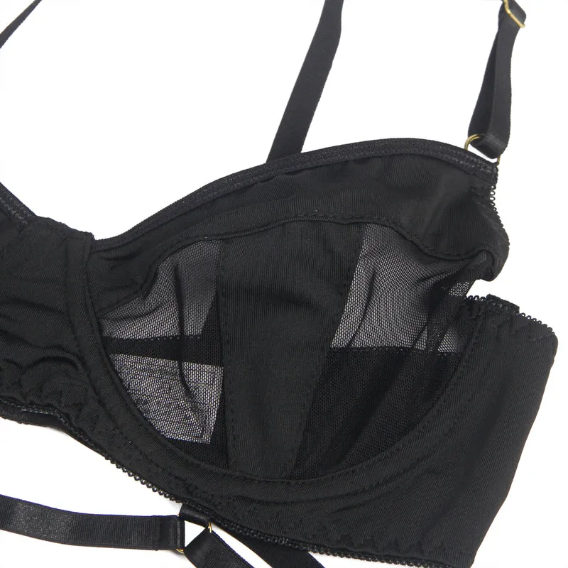 Black Mesh Underwire Lingerie Set – Garter & Bra, Sexy High-Quality Outfit