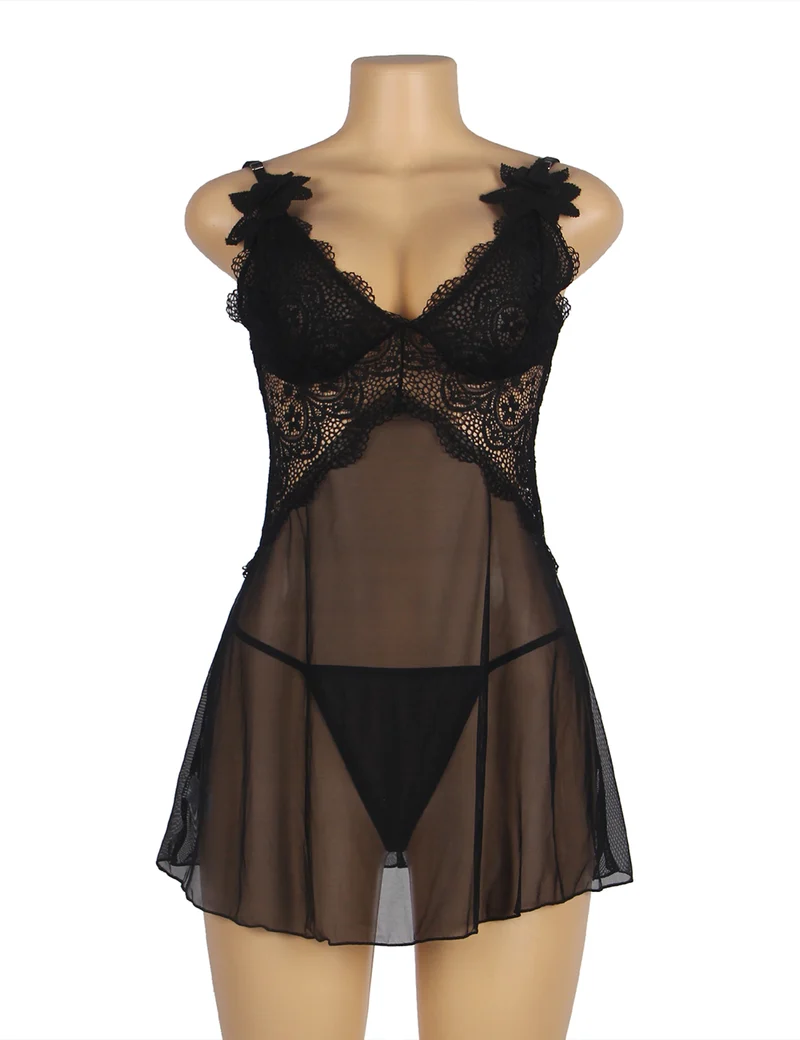 V-Neck Black Lace Babydoll – Strap & Flower Design, Sexy High-Quality Lingerie