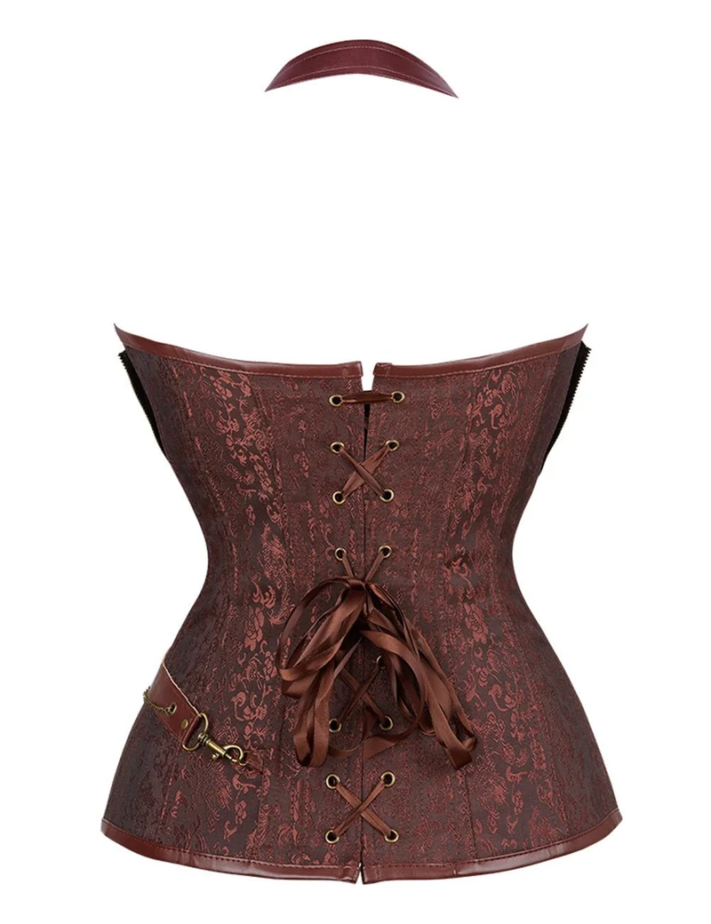 Neckholder-Body aus kaffeefarbenem Kunstleder – Ketten, Nieten & 14 weiche Stäbchen