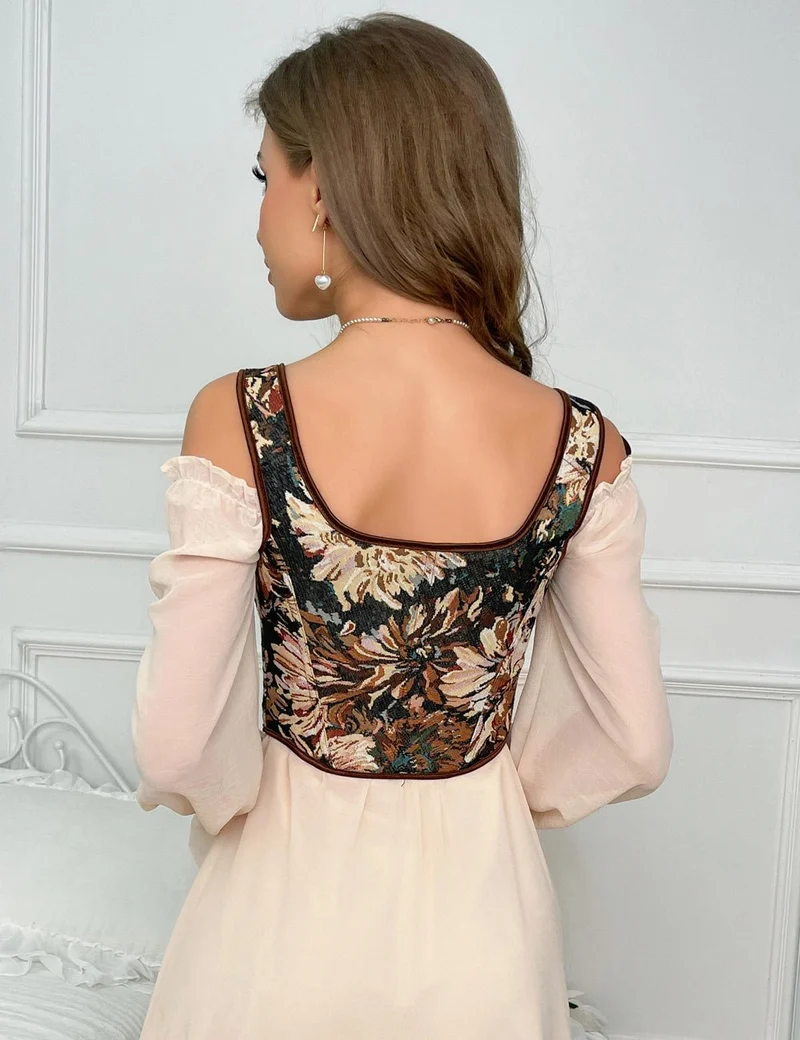 Weste mit Jacquardmuster – 13 weiche Stäbchen, Kreuzschnürung und Seidenriemen