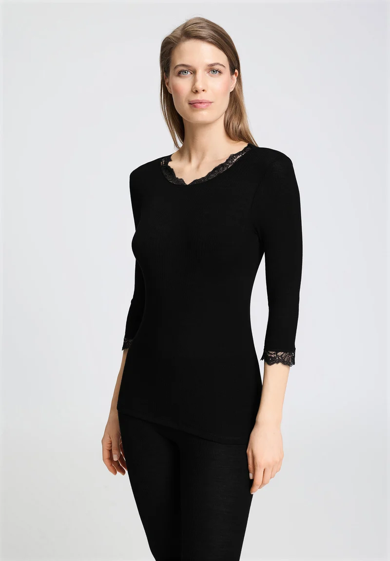 Woolen Lace 3/4 SLV Shirt | black 070769-070019