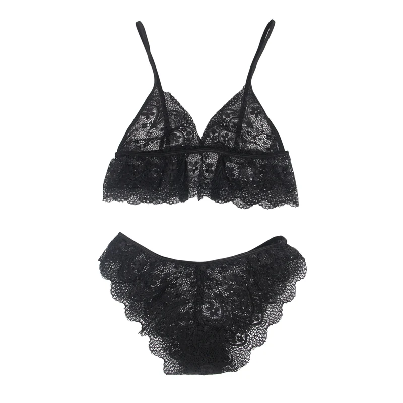 Sexy Schwarzes Spitzen Dessous Set 2-teilig Bralette, 95% Polyester, 5% Elastan