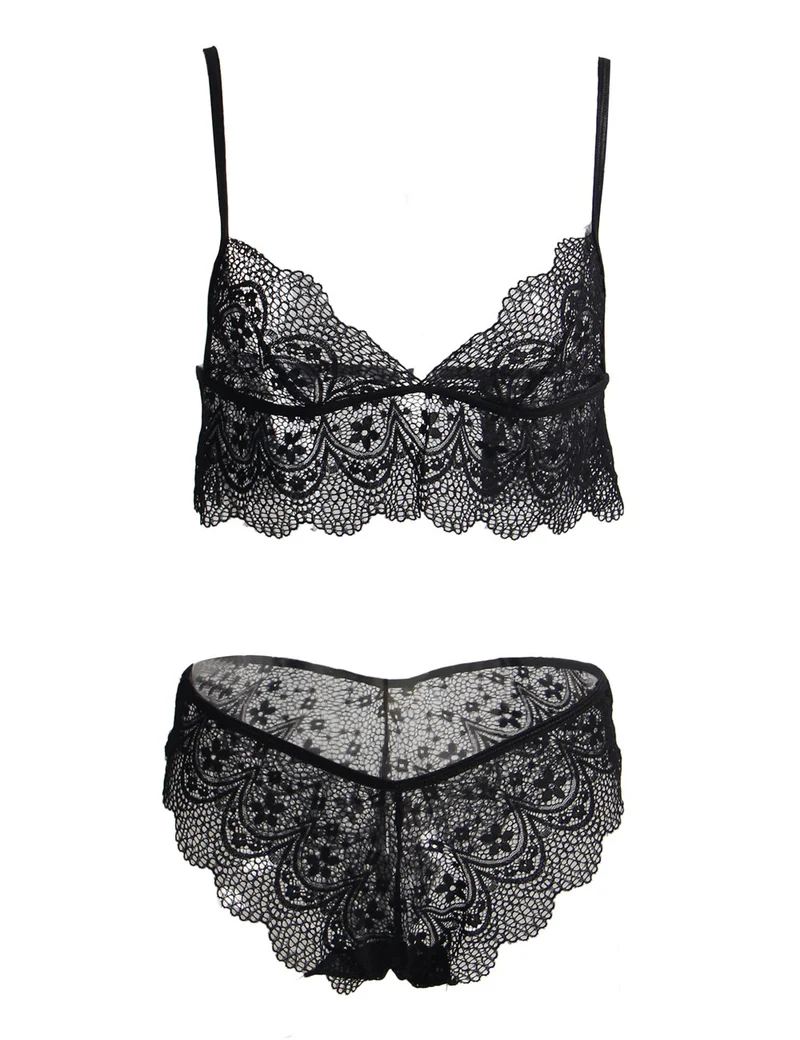 Sexy Schwarzes Spitzen Dessous Set 2-teilig Bralette, 95% Polyester, 5% Elastan