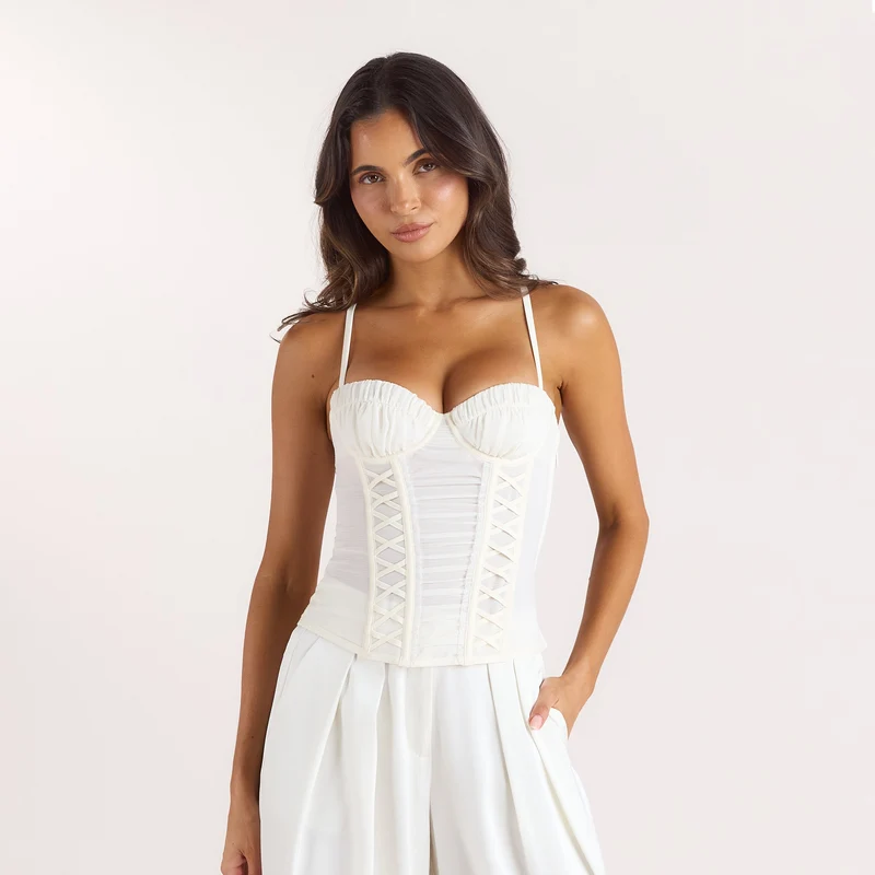 Ruched Sheer Corset Top - Cream