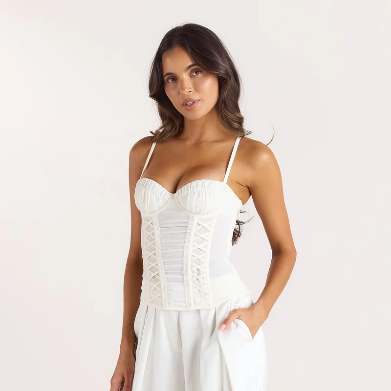 Ruched Sheer Corset Top - Cream