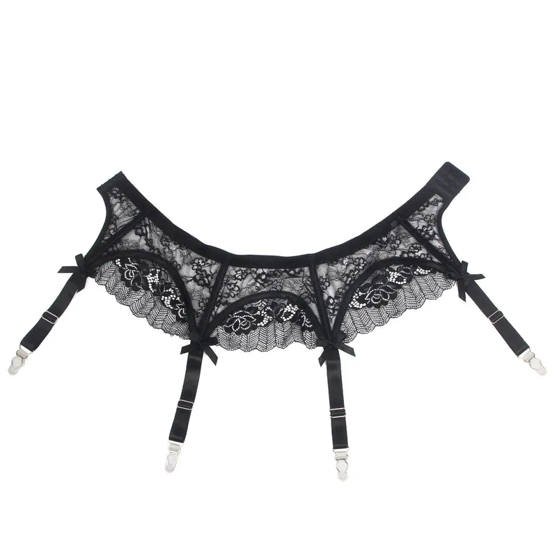 Sexy Schwarze Spitzen-Garter-Panty mit Schleife & Metall-Clips, 88% Nylon, 12% Spandex