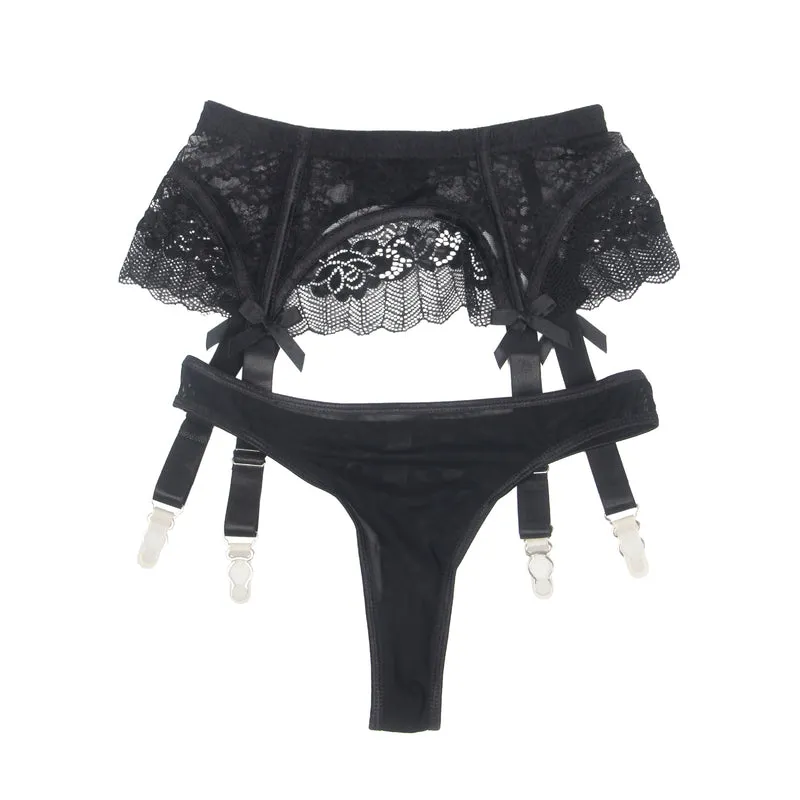 Sexy Schwarze Spitzen-Garter-Panty mit Schleife & Metall-Clips, 88% Nylon, 12% Spandex