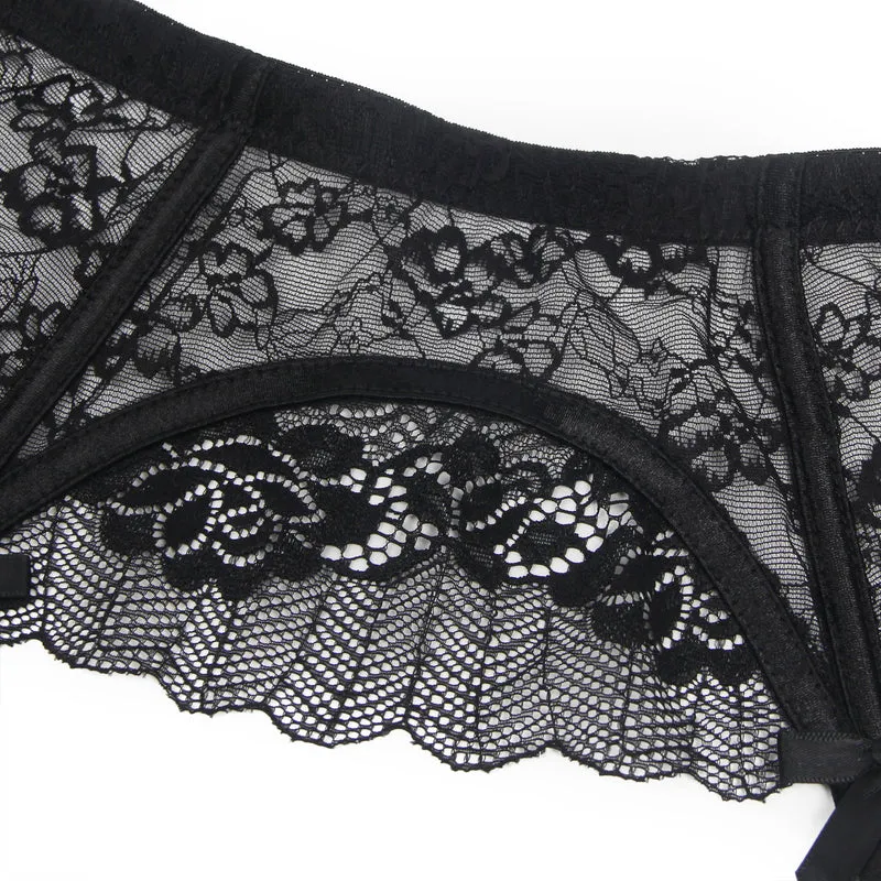 Sexy Schwarze Spitzen-Garter-Panty mit Schleife & Metall-Clips, 88% Nylon, 12% Spandex