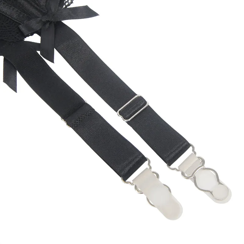 Sexy Schwarze Spitzen-Garter-Panty mit Schleife & Metall-Clips, 88% Nylon, 12% Spandex