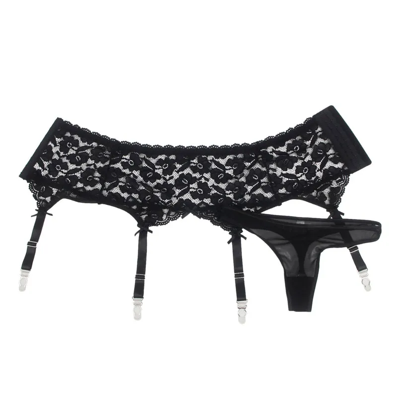 Sexy Schwarze Spitzen-Garter-Panty mit Metall-Clips, 88% Nylon, 12% Spandex, verstellbar
