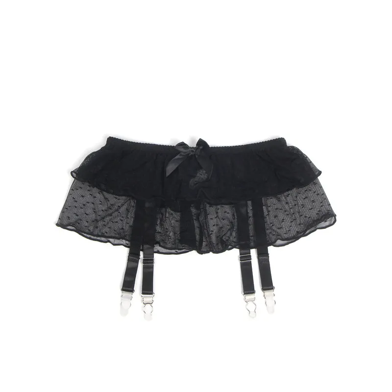 Sexy Schwarzer Garter Belt aus Mesh mit Punkten & Metall-Schnallen, 88% Nylon, 12% Spandex