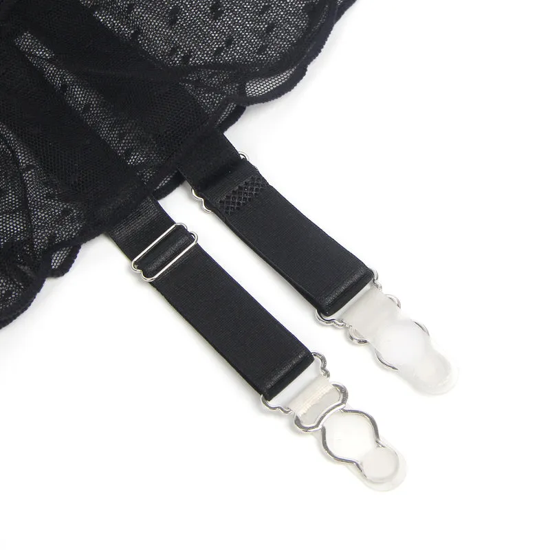 Sexy Schwarzer Garter Belt aus Mesh mit Punkten & Metall-Schnallen, 88% Nylon, 12% Spandex