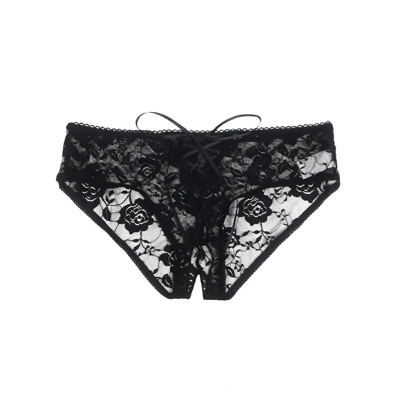 Sexy Schwarze Open-Crotch Spitzen-Strings mit Riemchen, 88% Nylon, 12% Spandex