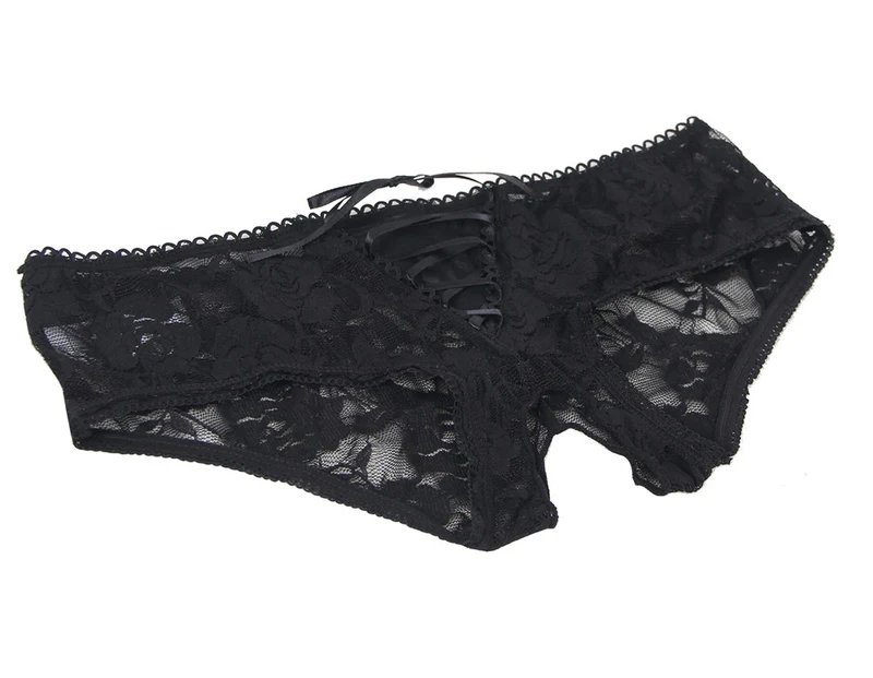 Sexy Schwarze Open-Crotch Spitzen-Strings mit Riemchen, 88% Nylon, 12% Spandex