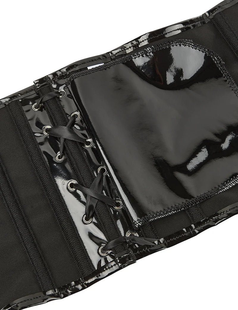 Schwarzer Lackleder-Body – Asymmetrisch, gekreuzter Rücken und 9 Stäbe
