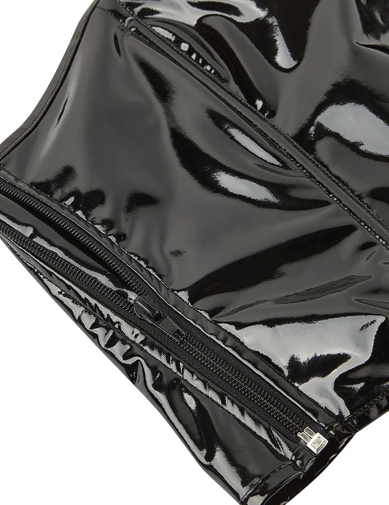Schwarzer Lackleder-Body – Asymmetrisch, gekreuzter Rücken und 9 Stäbe