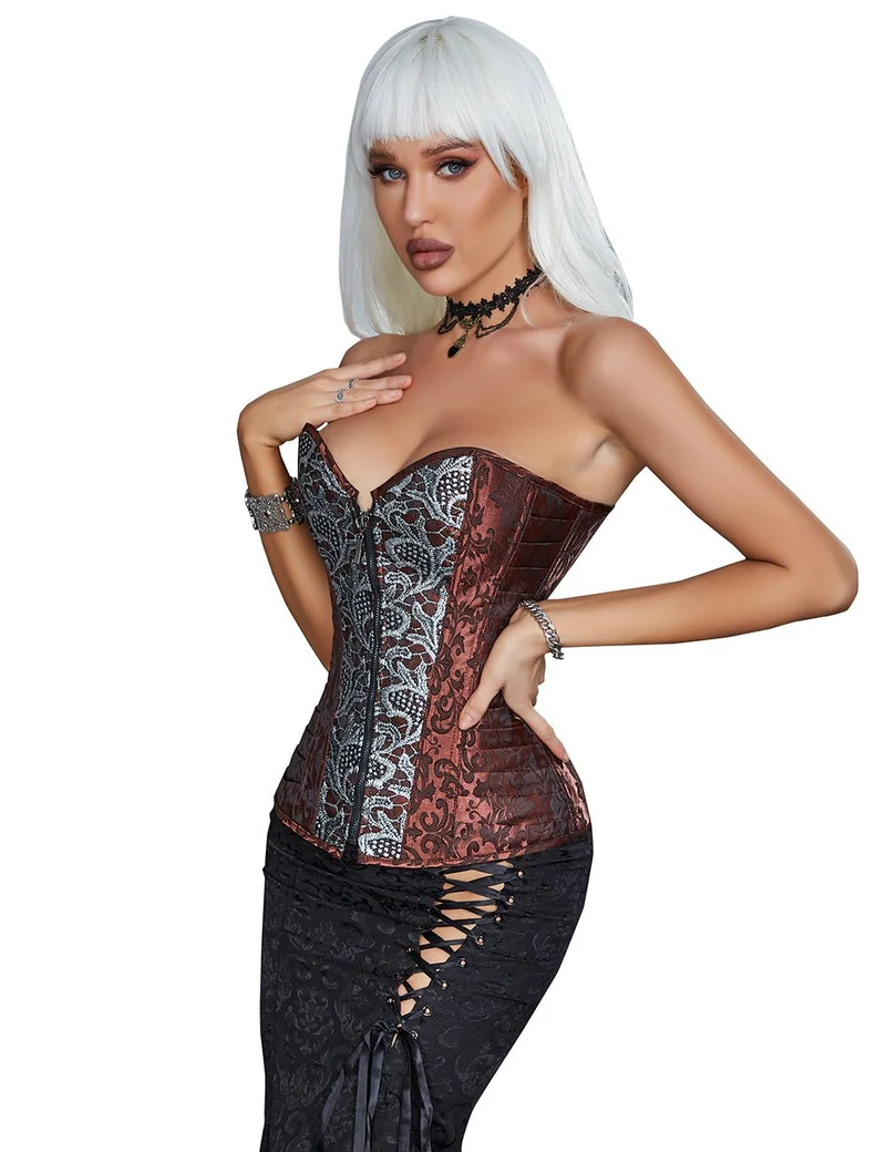 Braunes Jacquard-Korsett – Stickerei, Seitenfalten & 12 Stahlstäbe