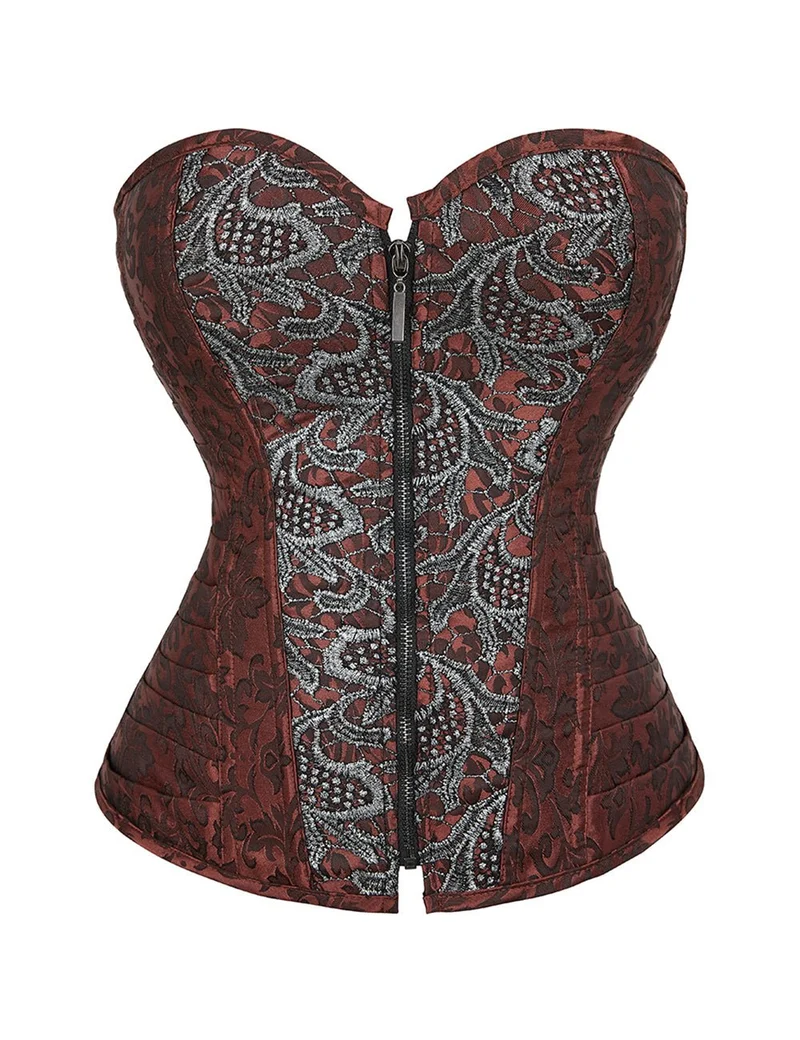 Braunes Jacquard-Korsett – Stickerei, Seitenfalten & 12 Stahlstäbe